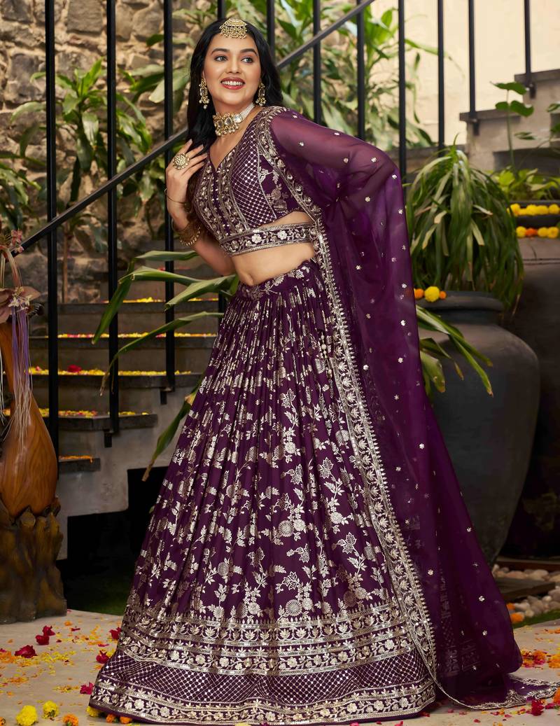 WINE DOLA SILK SEQUINS & ZARI EMBROIDERED STITCHED LEHENGA CHOLI
