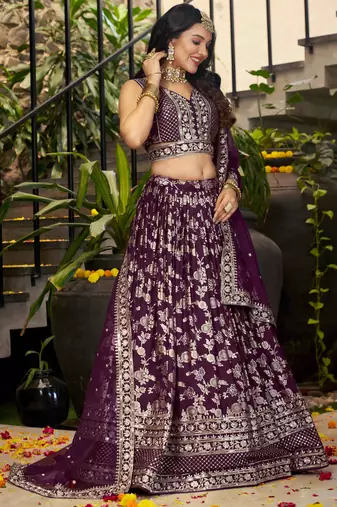 WINE DOLA SILK SEQUINS & ZARI EMBROIDERED STITCHED LEHENGA CHOLI