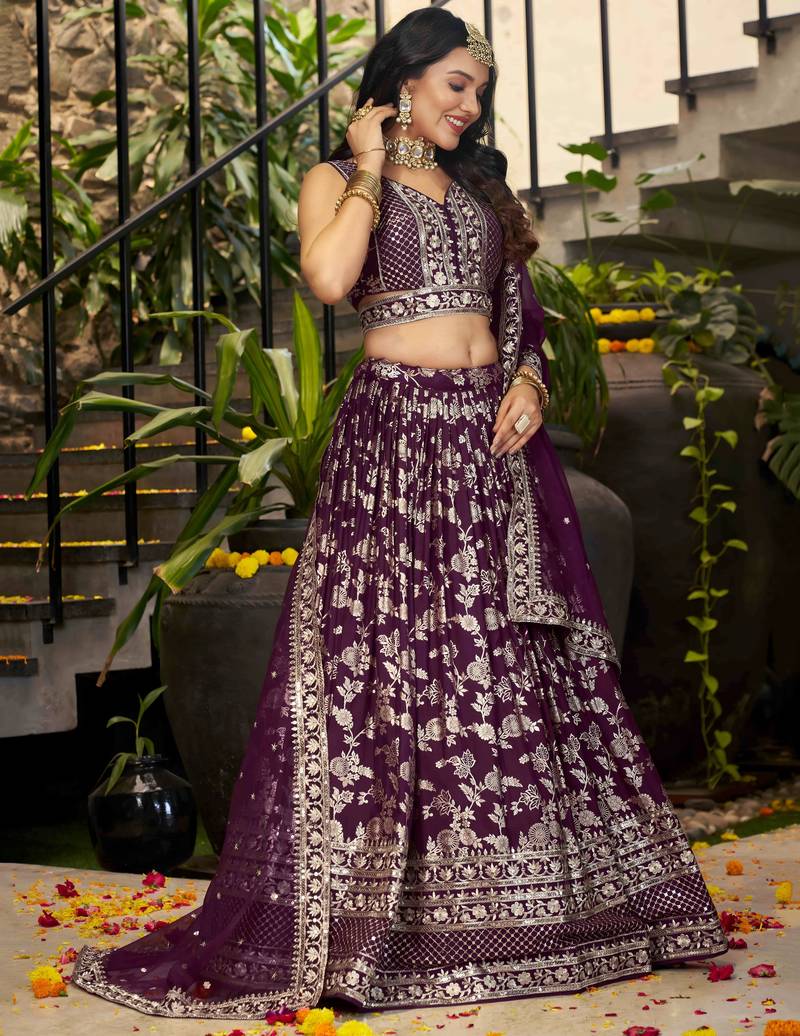 WINE DOLA SILK SEQUINS & ZARI EMBROIDERED STITCHED LEHENGA CHOLI