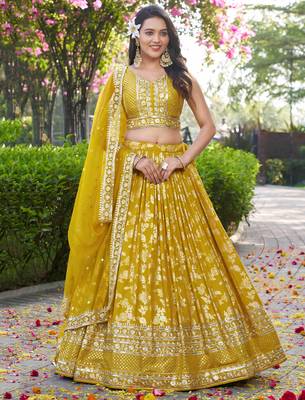 YELLOW DOLA SILK SEQUINS & ZARI EMBROIDERED STITCHED LEHENGA CHOLI 1