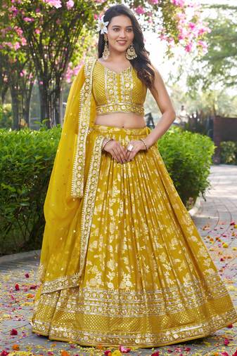 YELLOW DOLA SILK SEQUINS & ZARI EMBROIDERED STITCHED LEHENGA CHOLI