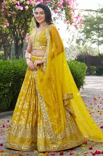 YELLOW DOLA SILK SEQUINS & ZARI EMBROIDERED STITCHED LEHENGA CHOLI