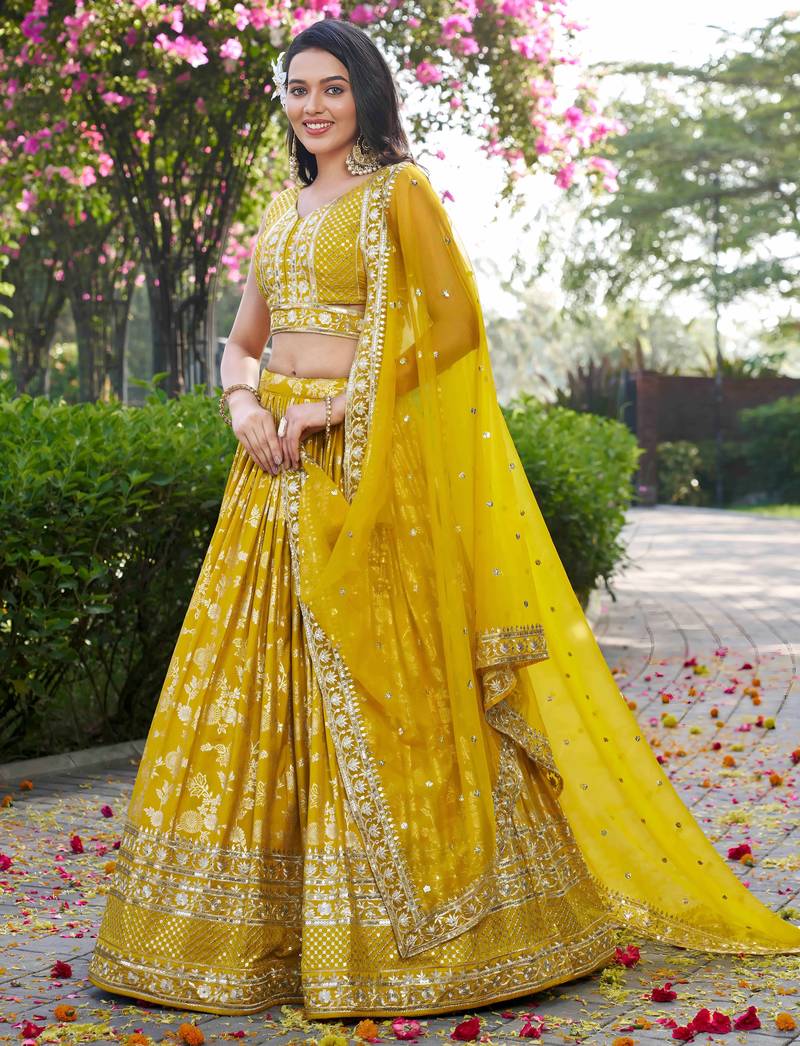 YELLOW DOLA SILK SEQUINS & ZARI EMBROIDERED STITCHED LEHENGA CHOLI