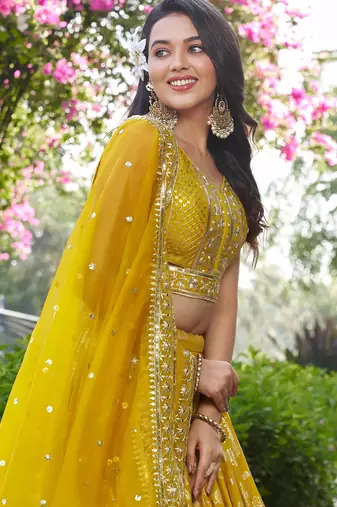 YELLOW DOLA SILK SEQUINS & ZARI EMBROIDERED STITCHED LEHENGA CHOLI