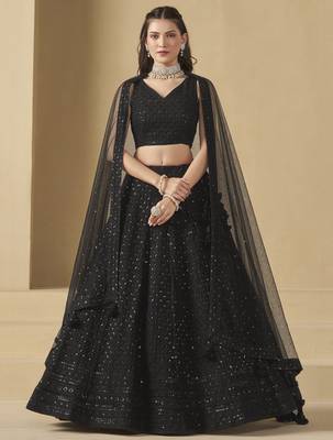 BLACK GEORGETTE SEQUINS & THREAD EMBROIDERED STITCHED LEHENGA CHOLI 1