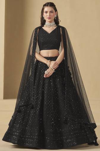 BLACK GEORGETTE SEQUINS & THREAD EMBROIDERED STITCHED LEHENGA CHOLI