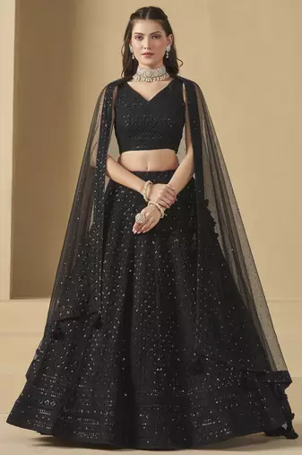 BLACK GEORGETTE SEQUINS & THREAD EMBROIDERED STITCHED LEHENGA CHOLI