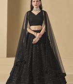 BLACK GEORGETTE SEQUINS & THREAD EMBROIDERED STITCHED LEHENGA CHOLI