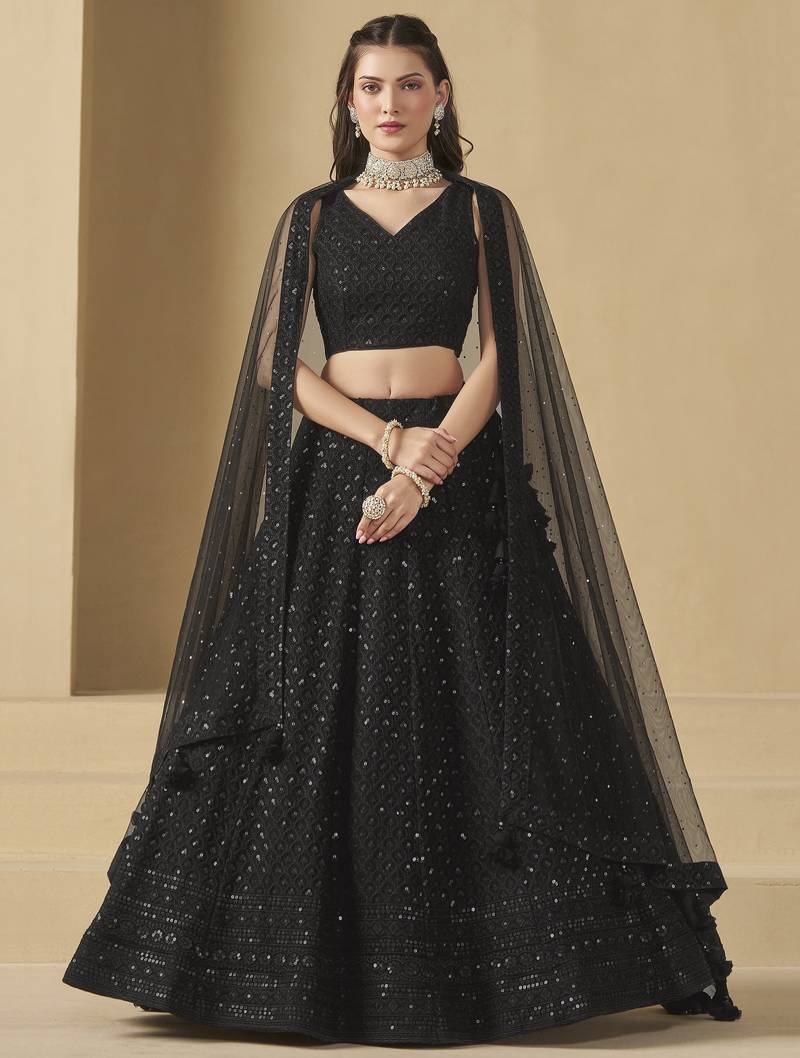 BLACK GEORGETTE SEQUINS & THREAD EMBROIDERED STITCHED LEHENGA CHOLI
