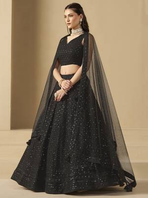BLACK GEORGETTE SEQUINS & THREAD EMBROIDERED STITCHED LEHENGA CHOLI 4