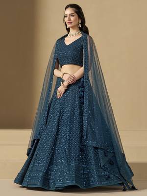 BLUE GEORGETTE SEQUINS & THREAD EMBROIDERED STITCHED LEHENGA CHOLI 4