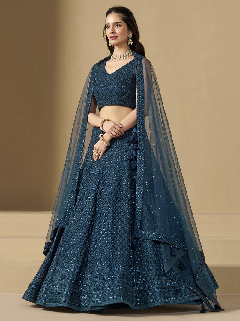 BLUE GEORGETTE SEQUINS & THREAD EMBROIDERED STITCHED LEHENGA CHOLI
