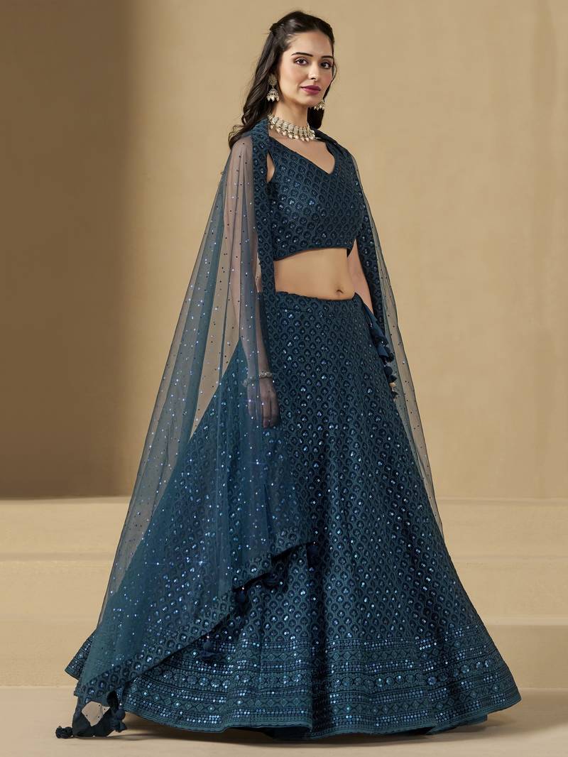 BLUE GEORGETTE SEQUINS & THREAD EMBROIDERED STITCHED LEHENGA CHOLI