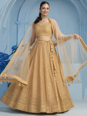 BEIGE GEORGETTE SEQUINS & THREAD EMBROIDERED STITCHED LEHENGA CHOLI 1