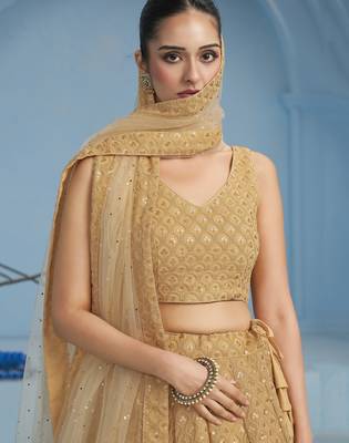 BEIGE GEORGETTE SEQUINS & THREAD EMBROIDERED STITCHED LEHENGA CHOLI 2
