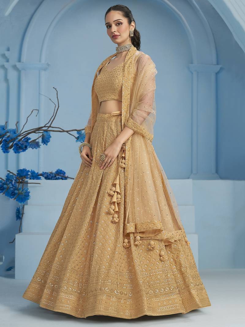 BEIGE GEORGETTE SEQUINS & THREAD EMBROIDERED STITCHED LEHENGA CHOLI