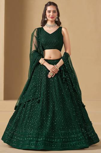 GREEN GEORGETTE SEQUINS & THREAD EMBROIDERED STITCHED LEHENGA CHOLI