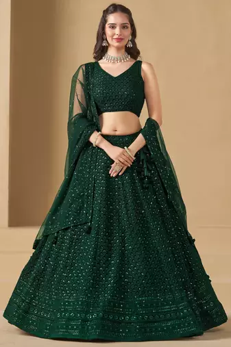 GREEN GEORGETTE SEQUINS & THREAD EMBROIDERED STITCHED LEHENGA CHOLI