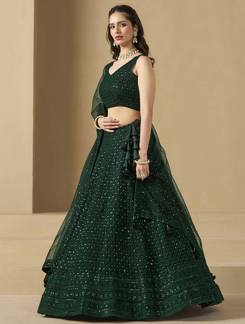 GREEN GEORGETTE SEQUINS & THREAD EMBROIDERED STITCHED LEHENGA CHOLI