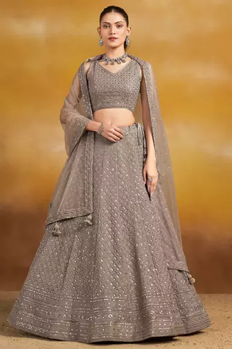 GREY GEORGETTE SEQUINS & THREAD EMBROIDERED STITCHED LEHENGA CHOLI