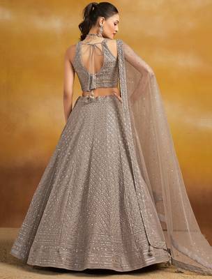 GREY GEORGETTE SEQUINS & THREAD EMBROIDERED STITCHED LEHENGA CHOLI 3
