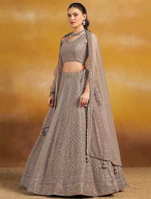 GREY GEORGETTE SEQUINS & THREAD EMBROIDERED STITCHED LEHENGA CHOLI 4