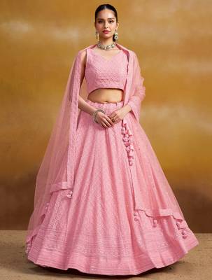 LIGHT PINK GEORGETTE SEQUINS & THREAD EMBROIDERED  STITCHED LEHENGA CHOLI 1