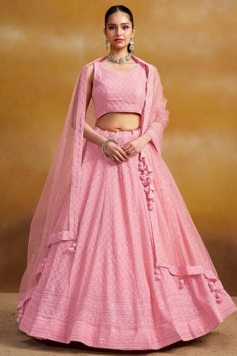 LIGHT PINK GEORGETTE SEQUINS & THREAD EMBROIDERED  STITCHED LEHENGA CHOLI