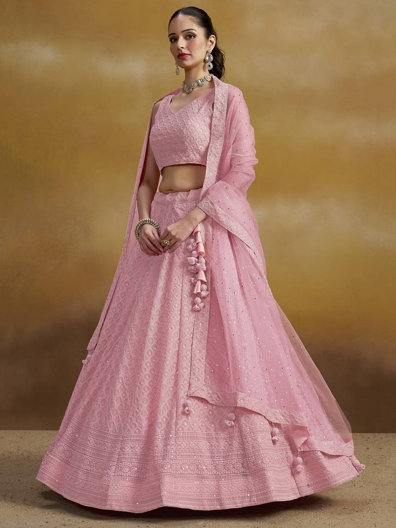 LIGHT PINK GEORGETTE SEQUINS & THREAD EMBROIDERED  STITCHED LEHENGA CHOLI