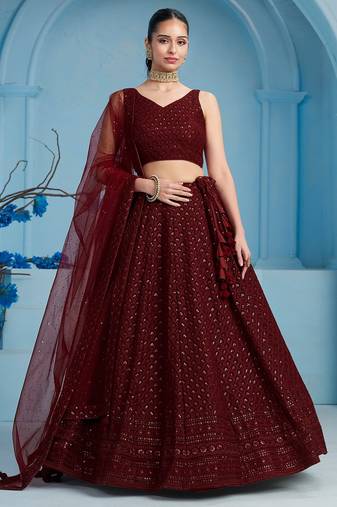 MAROON GEORGETTE SEQUINS & THREAD EMBROIDERED STITCHED LEHENGA CHOLI