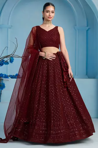 MAROON GEORGETTE SEQUINS & THREAD EMBROIDERED STITCHED LEHENGA CHOLI