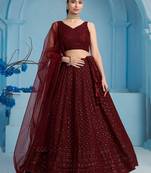 MAROON GEORGETTE SEQUINS & THREAD EMBROIDERED STITCHED LEHENGA CHOLI