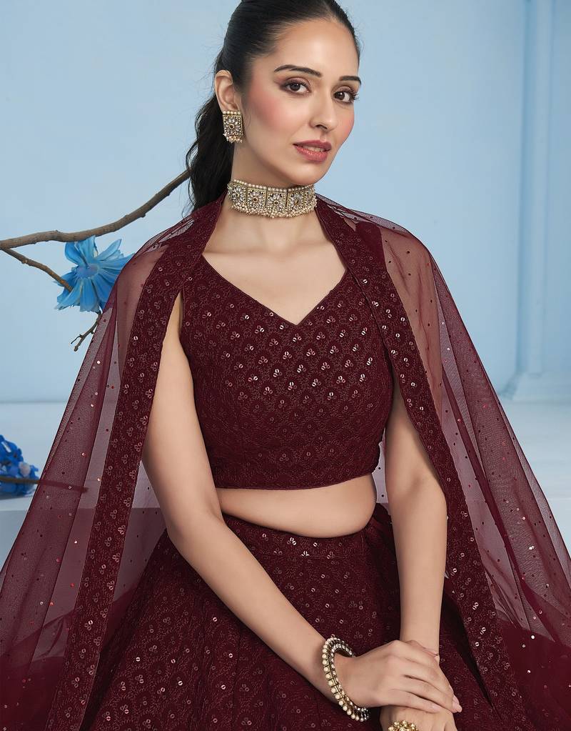 MAROON GEORGETTE SEQUINS & THREAD EMBROIDERED STITCHED LEHENGA CHOLI