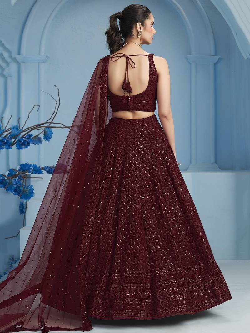 MAROON GEORGETTE SEQUINS & THREAD EMBROIDERED STITCHED LEHENGA CHOLI
