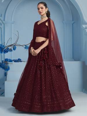 MAROON GEORGETTE SEQUINS & THREAD EMBROIDERED STITCHED LEHENGA CHOLI 4