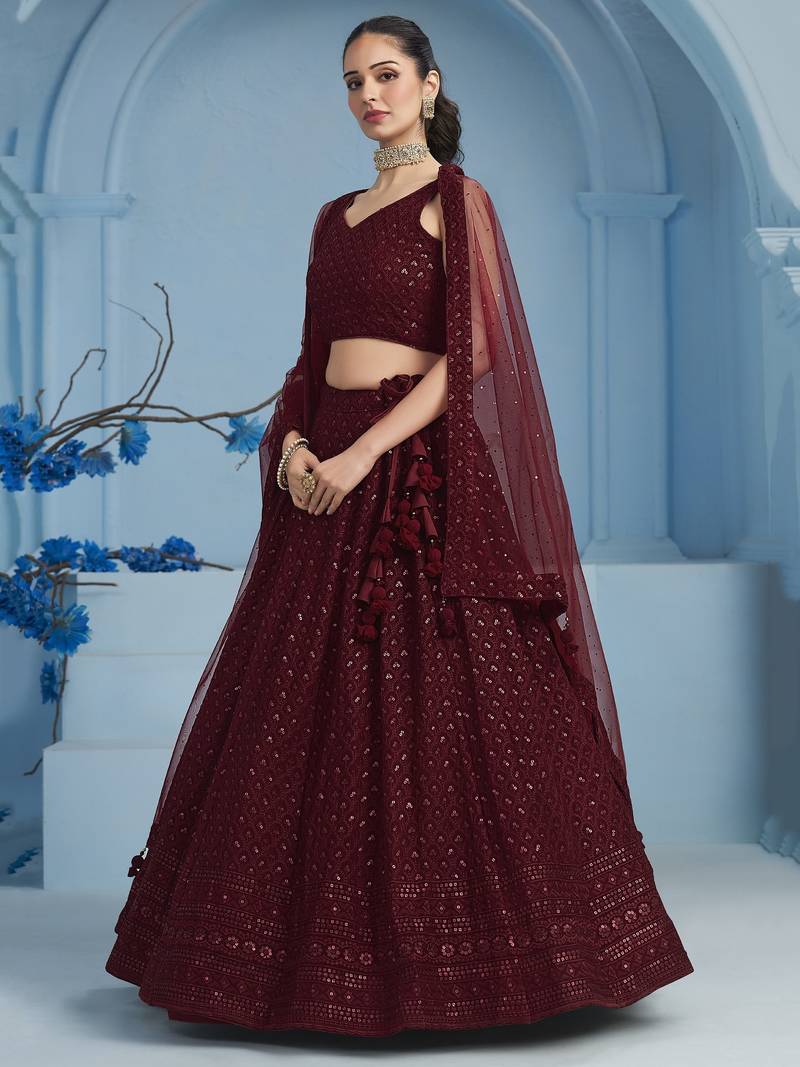 MAROON GEORGETTE SEQUINS & THREAD EMBROIDERED STITCHED LEHENGA CHOLI