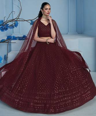 MAROON GEORGETTE SEQUINS & THREAD EMBROIDERED STITCHED LEHENGA CHOLI 5