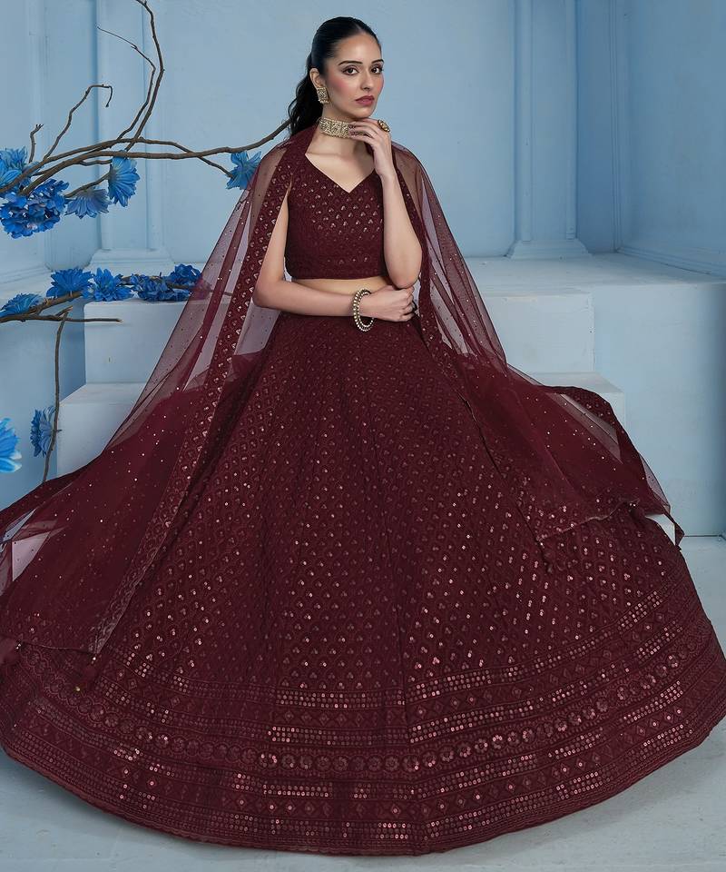 MAROON GEORGETTE SEQUINS & THREAD EMBROIDERED STITCHED LEHENGA CHOLI