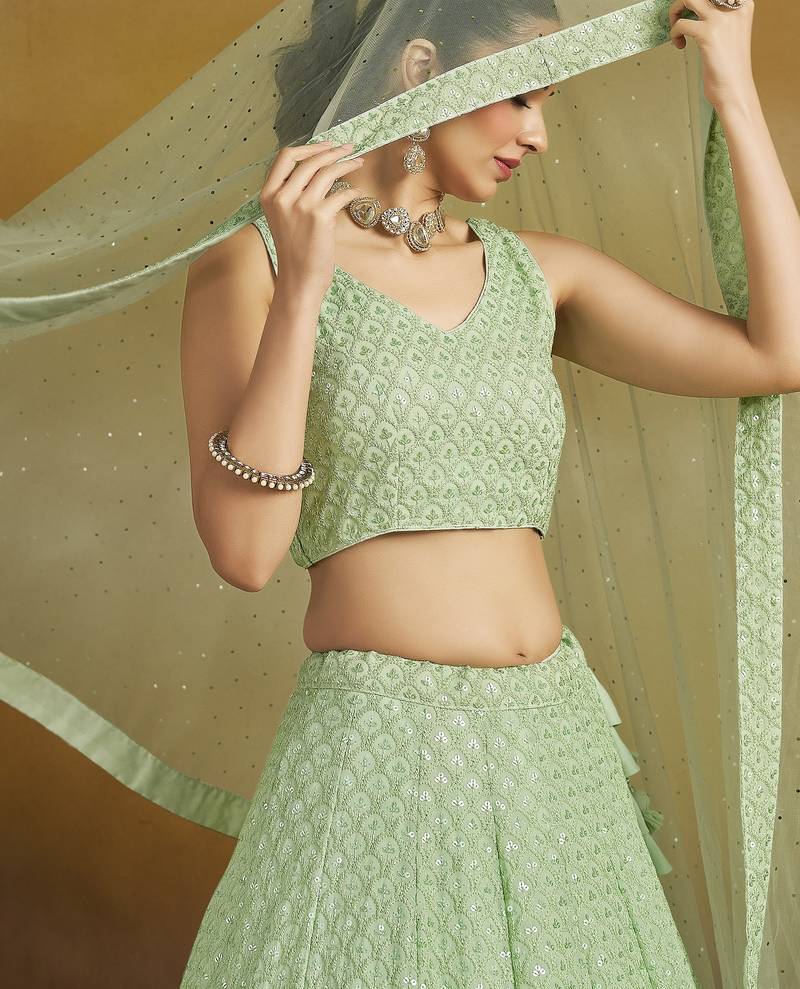 MINT GREEN GEORGETTE SEQUINS & THREAD EMBROIDERED  STITCHED LEHENGA CHOLI