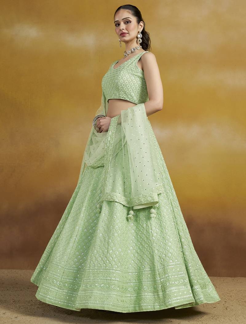 MINT GREEN GEORGETTE SEQUINS & THREAD EMBROIDERED  STITCHED LEHENGA CHOLI