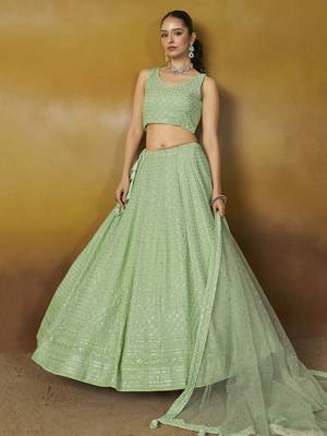 MINT GREEN GEORGETTE SEQUINS & THREAD EMBROIDERED  STITCHED LEHENGA CHOLI 5