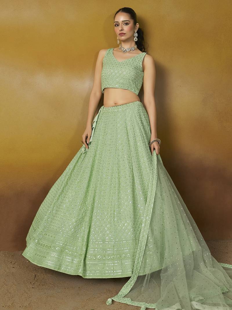 MINT GREEN GEORGETTE SEQUINS & THREAD EMBROIDERED  STITCHED LEHENGA CHOLI