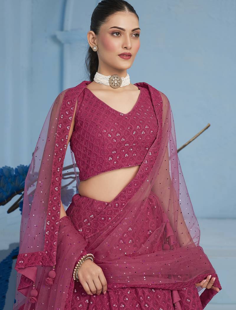 PINK GEORGETTE SEQUINS & THREAD EMBROIDERED STITCHED LEHENGA CHOLI