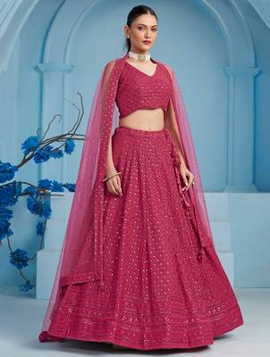 PINK GEORGETTE SEQUINS & THREAD EMBROIDERED STITCHED LEHENGA CHOLI 5