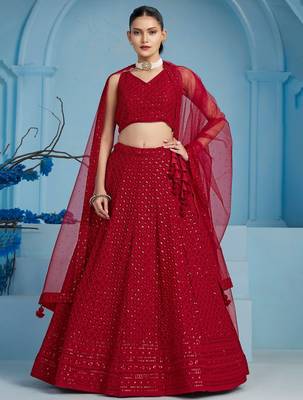 RED GEORGETTE SEQUINS & THREAD EMBROIDERED STITCHED LEHENGA CHOLI 1