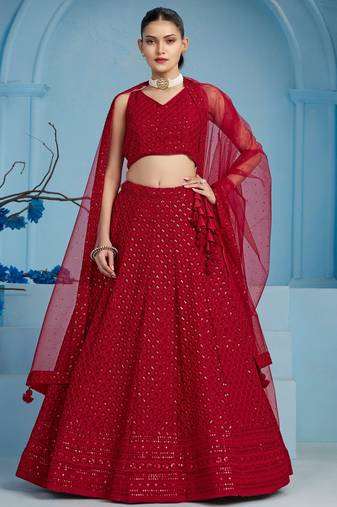 RED GEORGETTE SEQUINS & THREAD EMBROIDERED STITCHED LEHENGA CHOLI