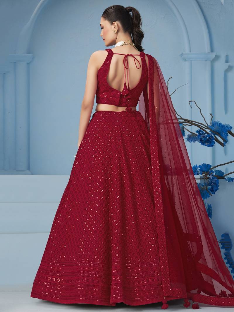 RED GEORGETTE SEQUINS & THREAD EMBROIDERED STITCHED LEHENGA CHOLI