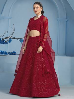 RED GEORGETTE SEQUINS & THREAD EMBROIDERED STITCHED LEHENGA CHOLI 4