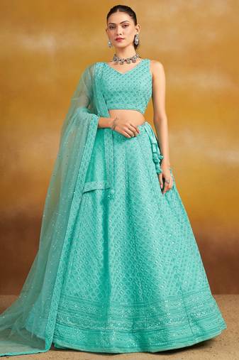 SKY BLUE GEORGETTE SEQUINS & THREAD EMBROIDERED STITCHED LEHENGA CHOLI