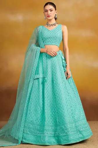 SKY BLUE GEORGETTE SEQUINS & THREAD EMBROIDERED STITCHED LEHENGA CHOLI